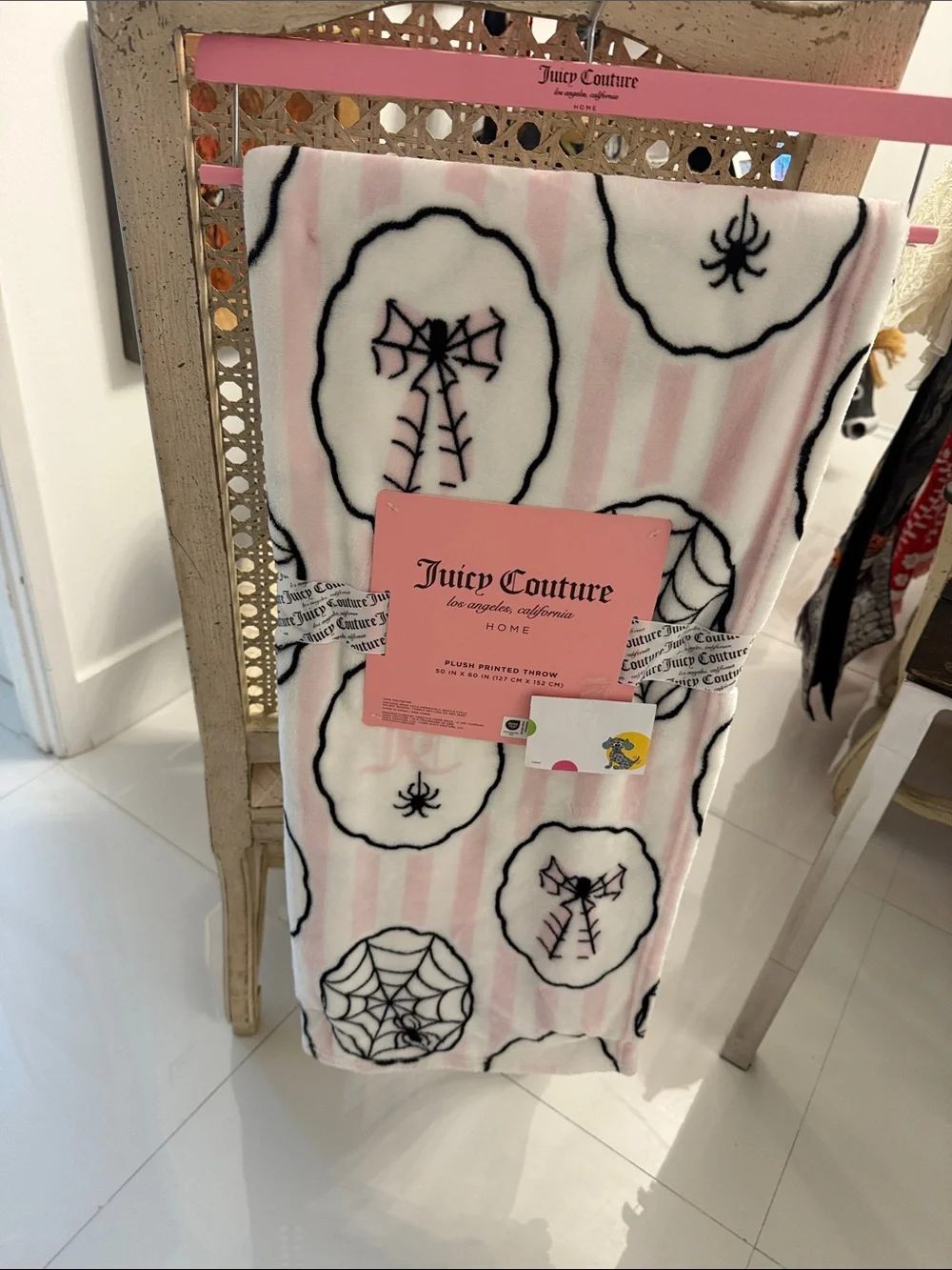 Juicy Couture Halloween Pink /White & Black Spider Webs & Stripes Throw Blanket